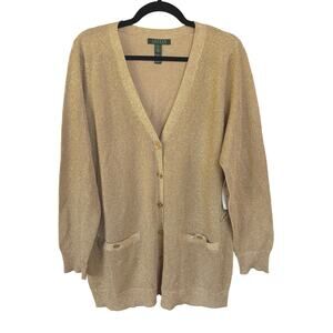Lauren Ralph Lauren Gold Metallic Cardigan Sweater Silk Blend Holiday 1X NWT